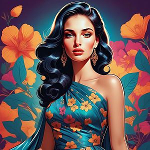 Elegant Woman in Teal Dress with Floral Patterns