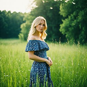 Young Woman in Blue Floral Dress in Meadow