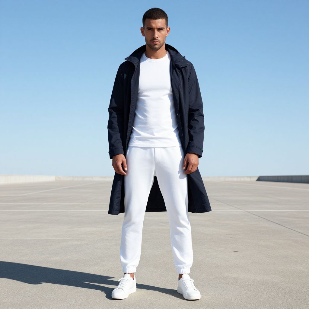 Modern Man in White Joggers and Navy Coat Outdoor Urban Fashion