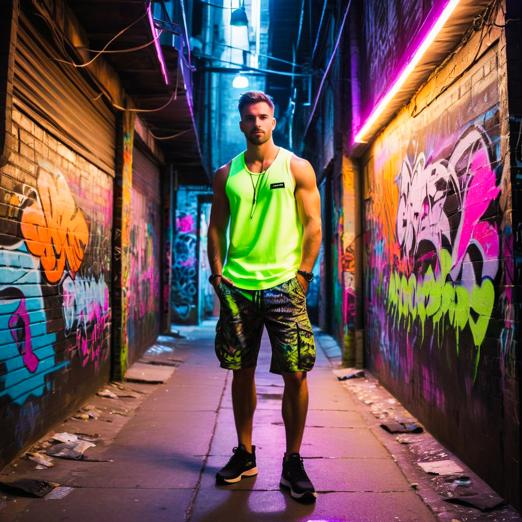 Confident Man in Neon Green Tank Top in Graffiti Alley