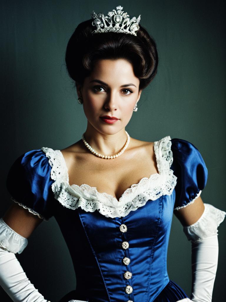Woman in Royal Blue Miss Elizabeth Costume with Tiara and Pearl Necklace