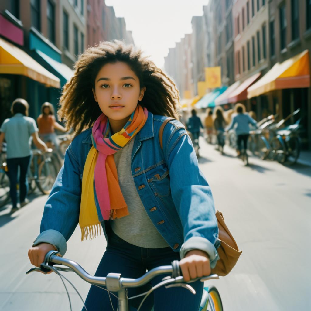 Young Woman Cycling in Vibrant Urban Scene