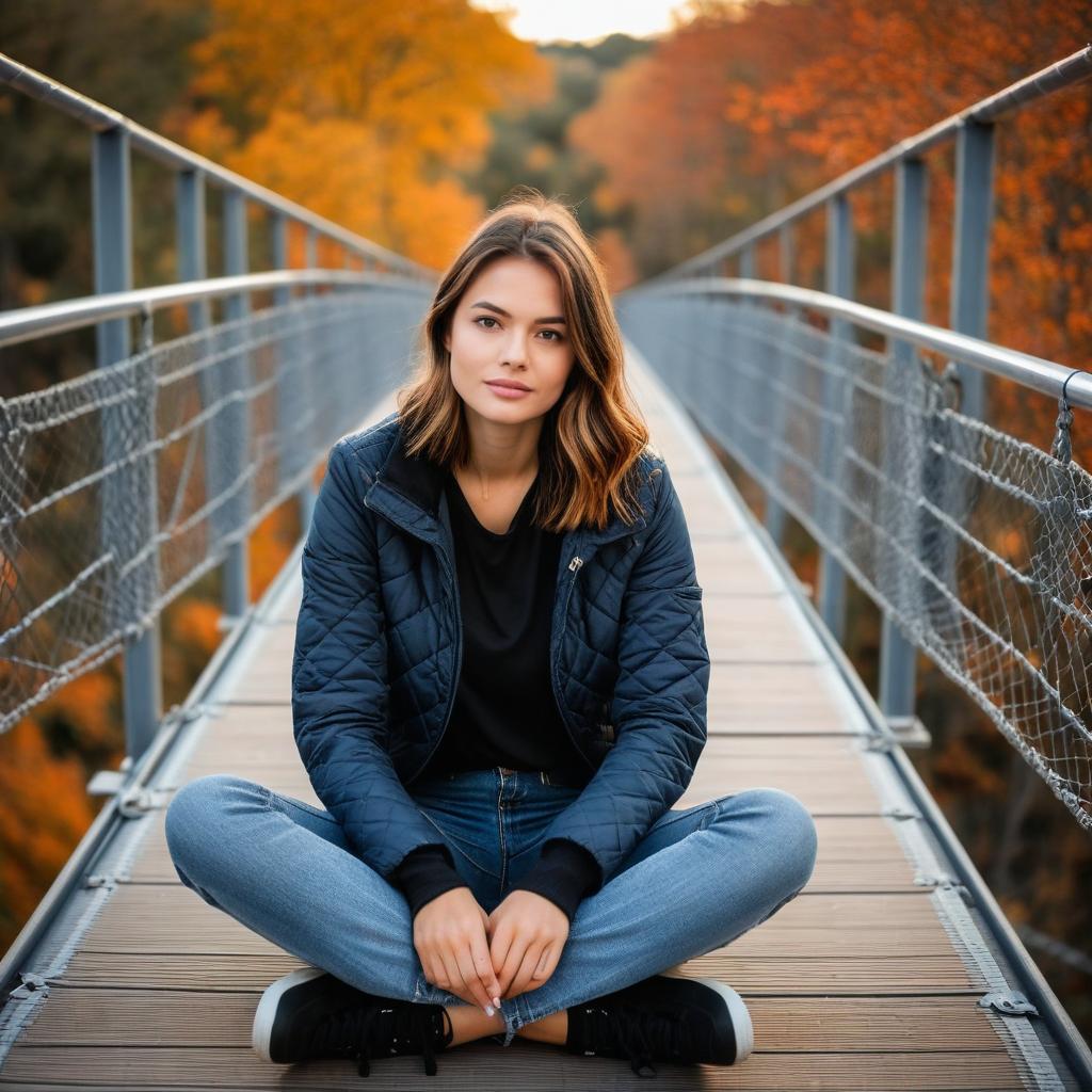 Young Woman Sitting on Suspension Bridge in Autumn