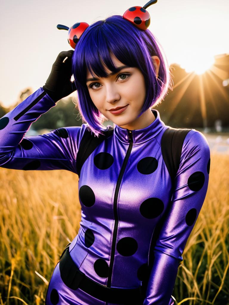 Woman Wearing Miraculous Ladybug Purple Costume Outdoor Golden Hour