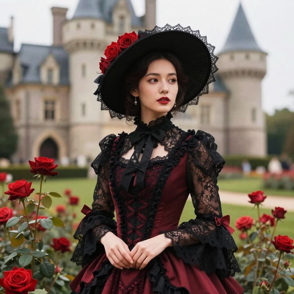 Victorian Gothic Woman in Elegant Dress with Roses and Castle Background