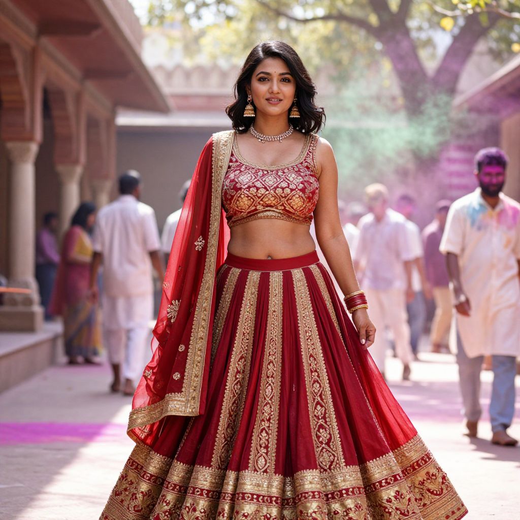 Woman in Red and Gold Embroidered Lehenga at Festive Indian Celebration