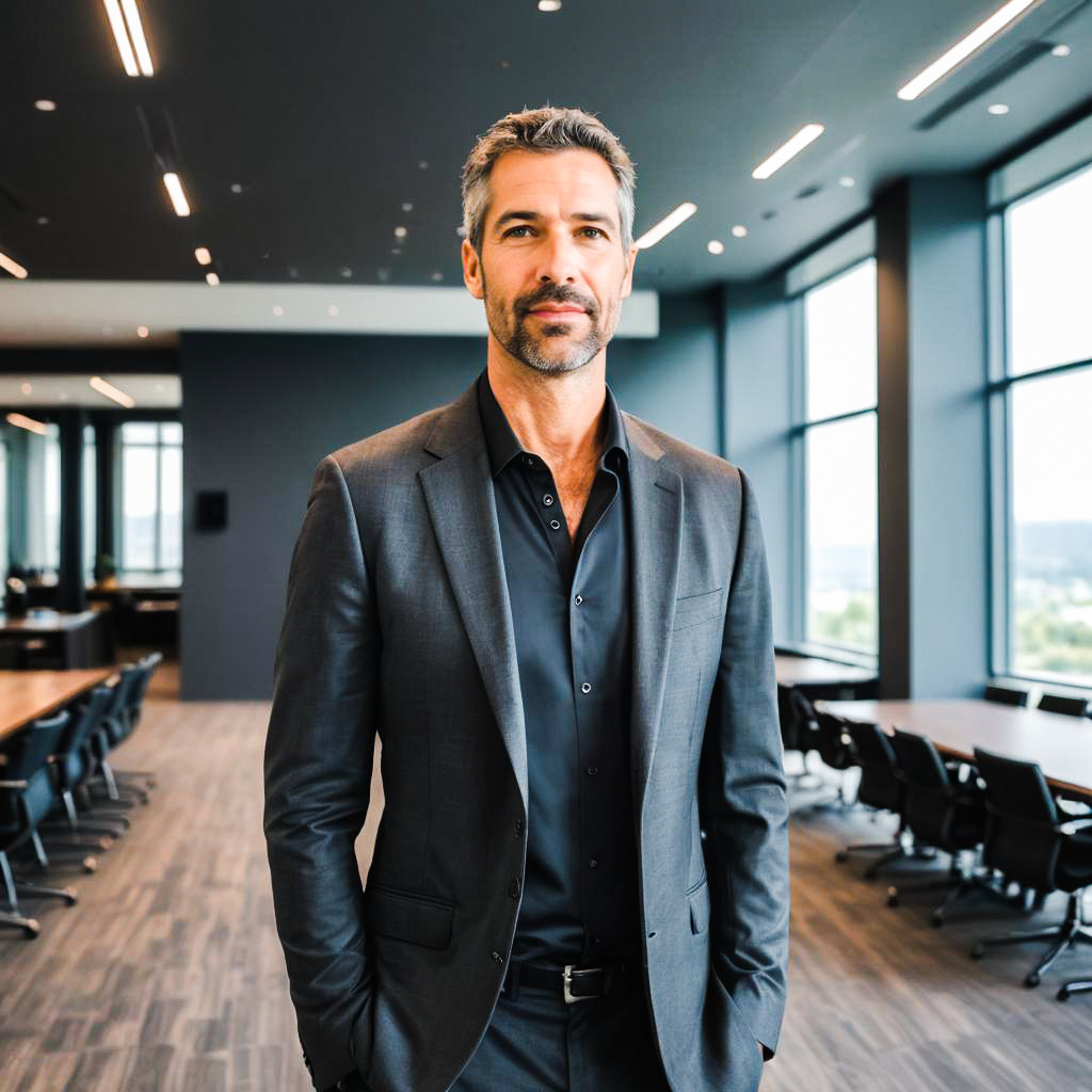 Confident Man in Black Suit in Modern Office