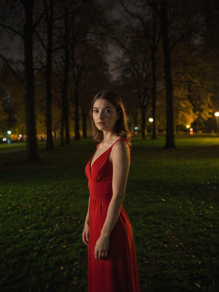 Young Woman in Red Dress at Night