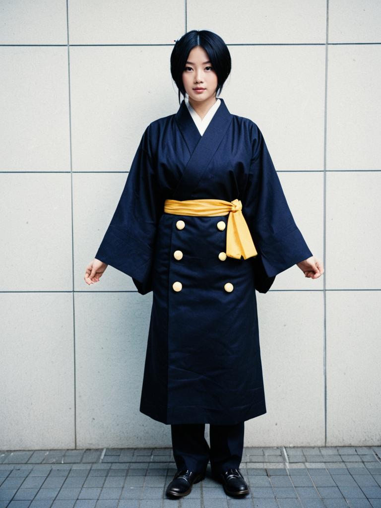 Modern Japanese Kimono Outfit Worn by Woman with Yellow Sash