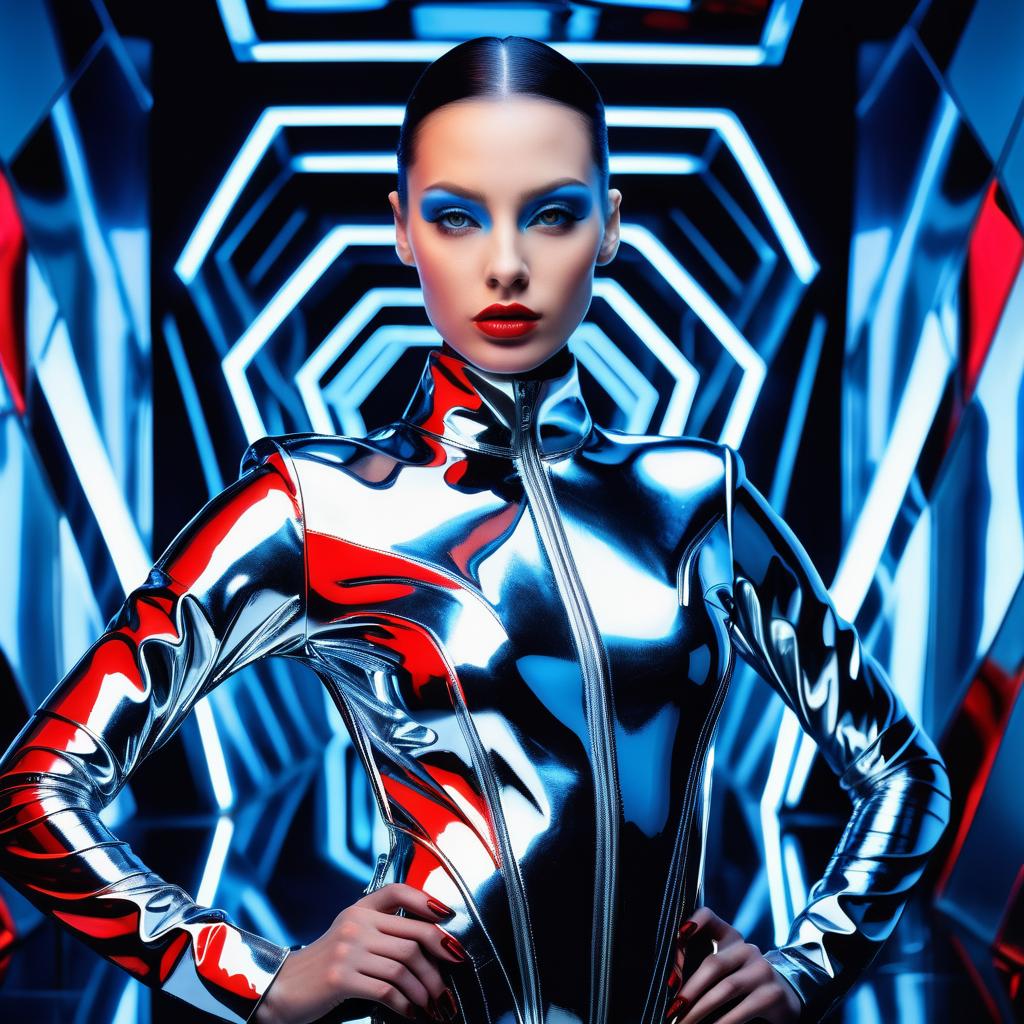 Woman in Metallic Outfit in Futuristic Hallway