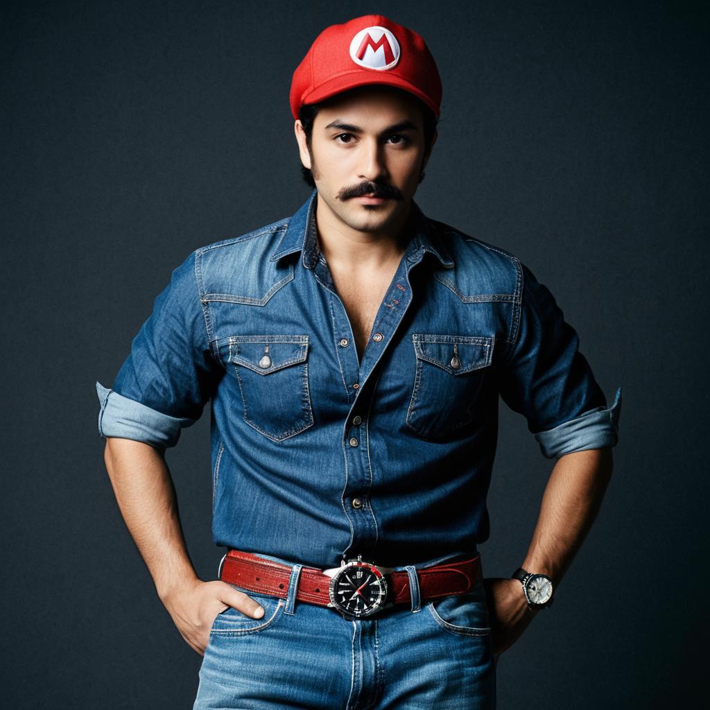 Man Wearing Denim Outfit and Red Mario Cap with Stylish Accessories