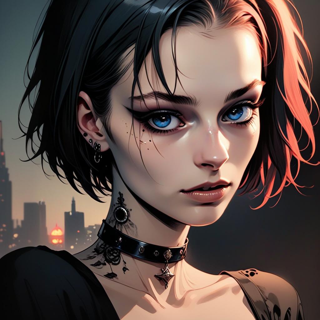 Stylized Portrait of Young Woman with Blue Eyes and Cyberpunk Aesthetic