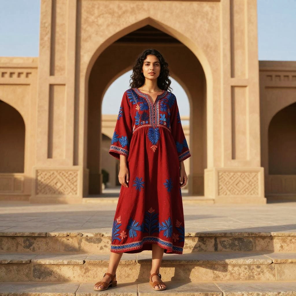 Woman Wearing Embroidered Bohemian Dress in Front of Architectural Archway