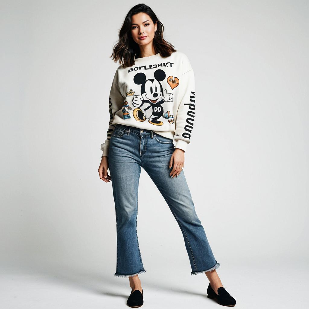Woman Wearing Mickey Mouse Sweatshirt and Frayed-Hem Jeans in Casual Fashion