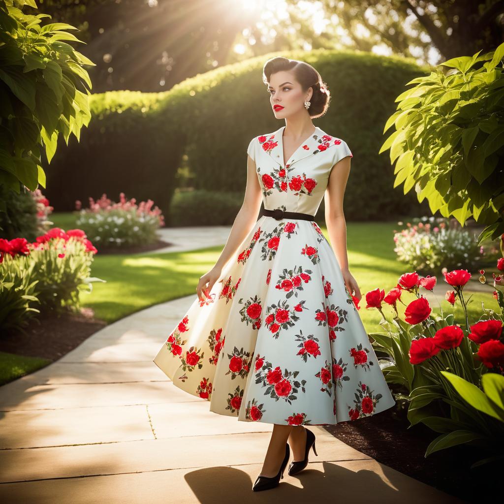 Elegant woman in vintage floral dress in garden