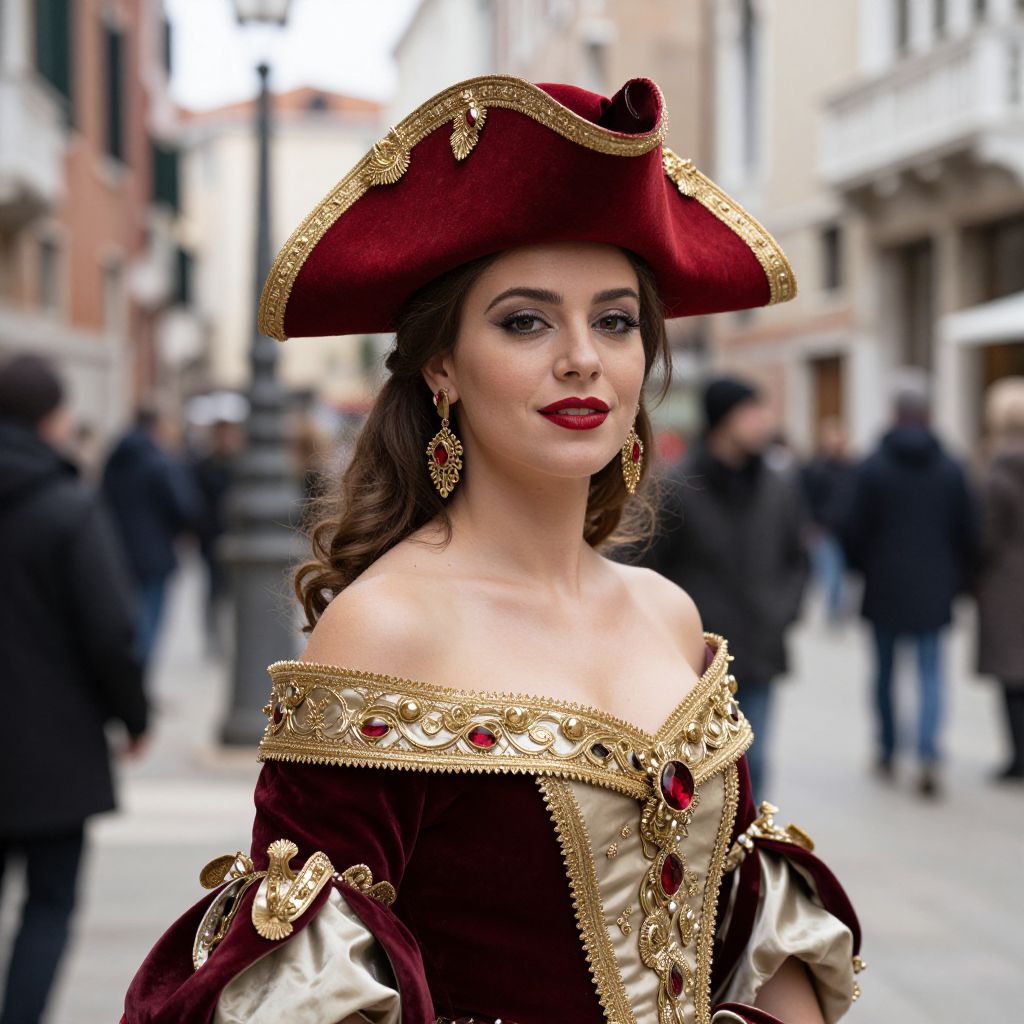 Venetian Style Woman in Burgundy Velvet Costume with Tricorne Hat