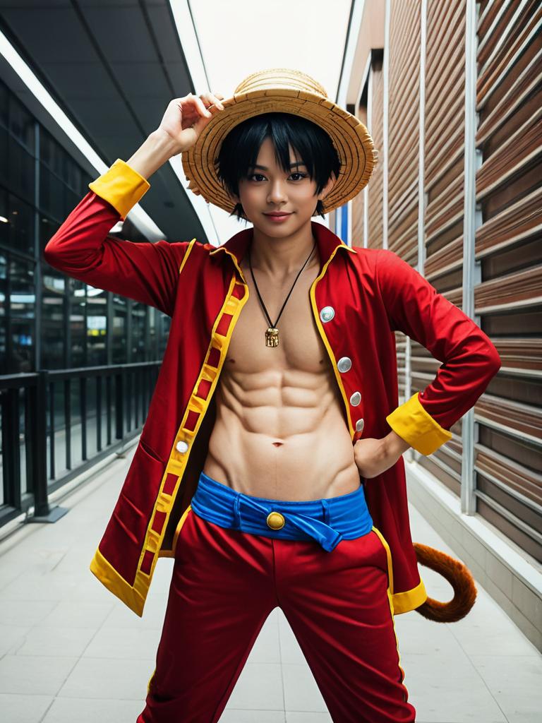 Realistic Monkey D. Luffy Cosplay Man in Signature Straw Hat Costume
