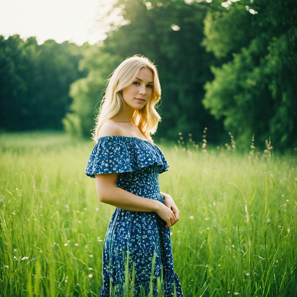 Young Woman in Blue Floral Dress in Meadow