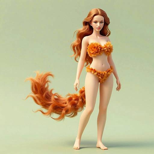 3D Rendered Woman Figurine with Voluminous Red Hair and Furry Orange Bikini