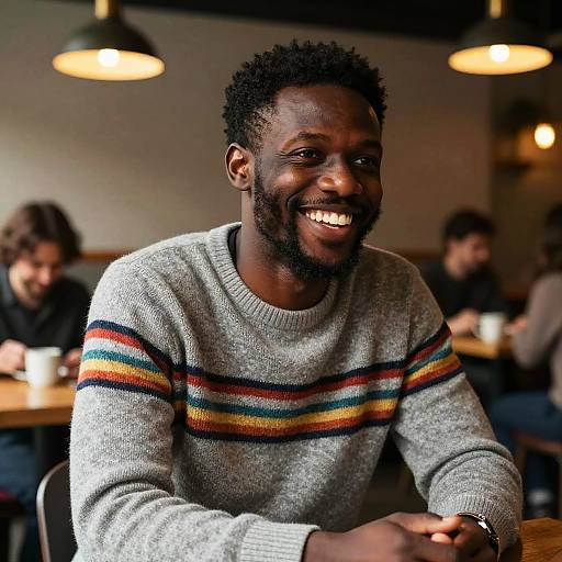 Happy Young Man in Cozy Sweater Smiling in Cafe Setting