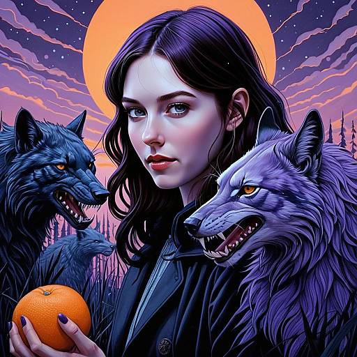 Mystical Woman with Wolves and Orange in Surreal Twilight Digital Art