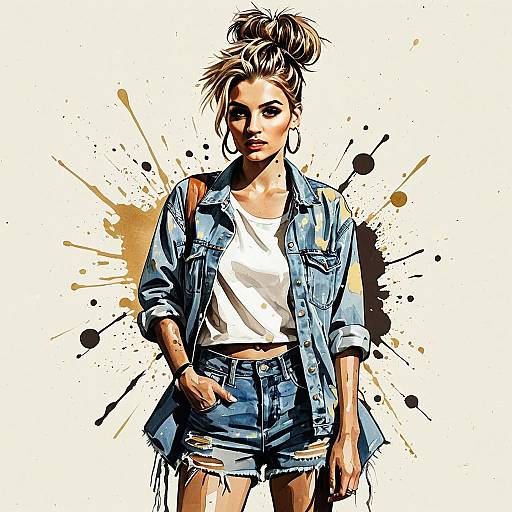 Stylish Young Woman in Denim Jacket and Shorts Digital Painting