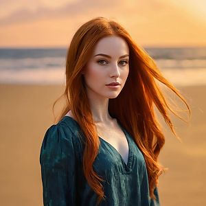 Red-Haired Woman on Beach at Sunset with Flowing Hair