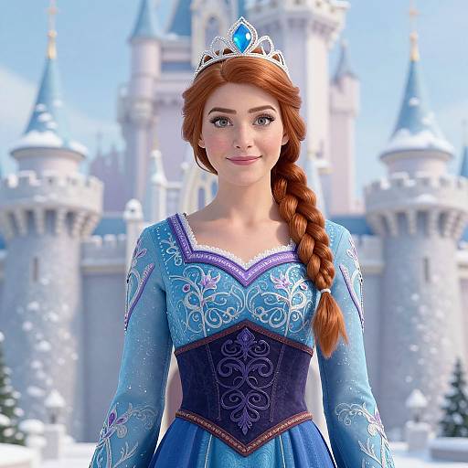 Digital 3D Render of Princess in Blue Dress with Castle Background