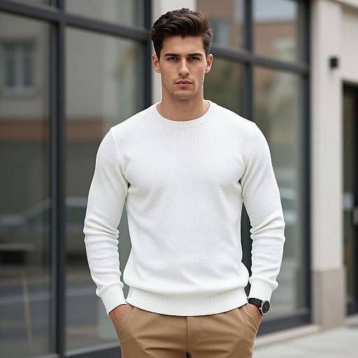 Young Man in White Sweater and Beige Pants Urban Casual Style