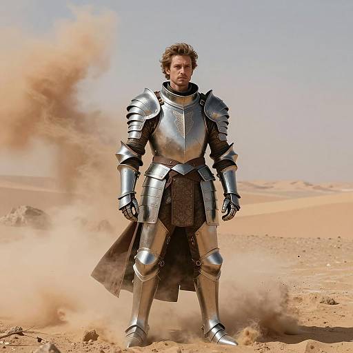 Man in Medieval Armor Standing in Desert Sandstorm