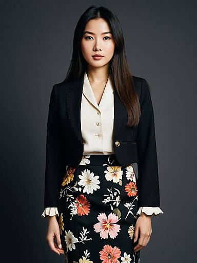 Elegant Woman in Black Jacket and Floral Skirt Fashion Portrait
