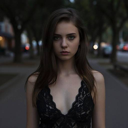 Young Woman in Black Lace Top on Dimly Lit Urban Street