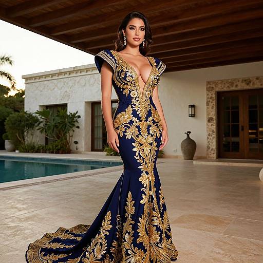 Elegant Navy Blue and Gold Embroidered Evening Gown with Plunging Neckline