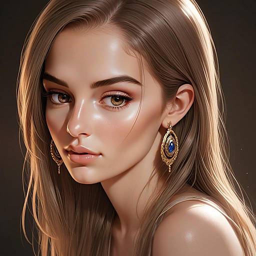 Hyper-Realistic Digital Portrait of Young Woman with Gold Blue Gemstone Earrings