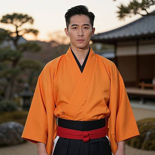 Man Wearing Traditional Japanese Kimono in Garden Setting