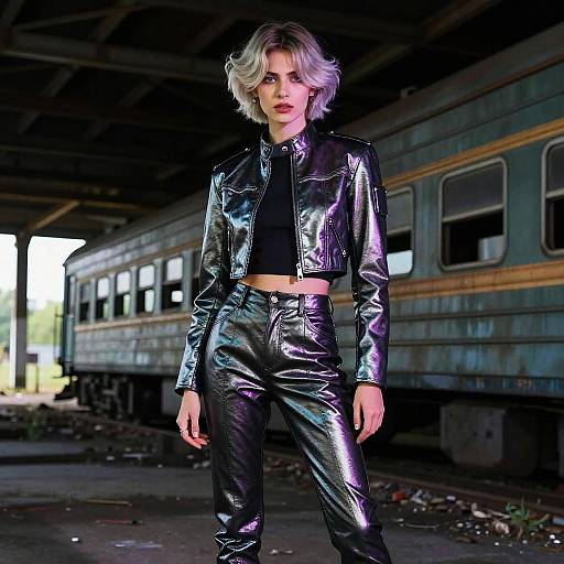 Trendy Gen Z Woman in Leather Outfit at Vintage Train Station