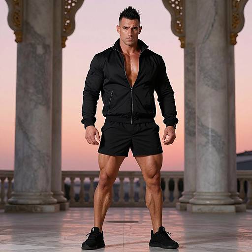 Muscular Man Posing Between Marble Pillars at Sunset in Black Athletic Wear