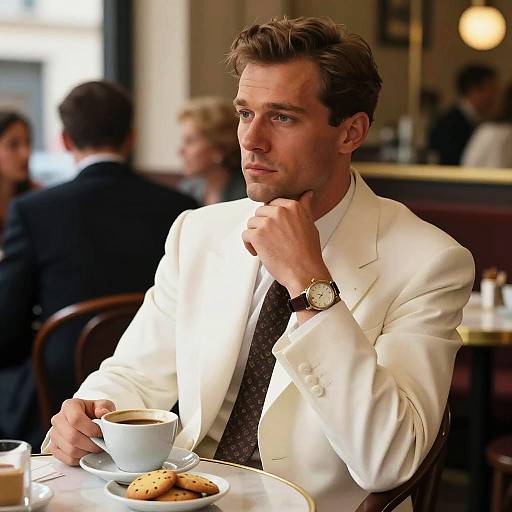 Thoughtful Young Man in White Suit Drinking Coffee at Café
