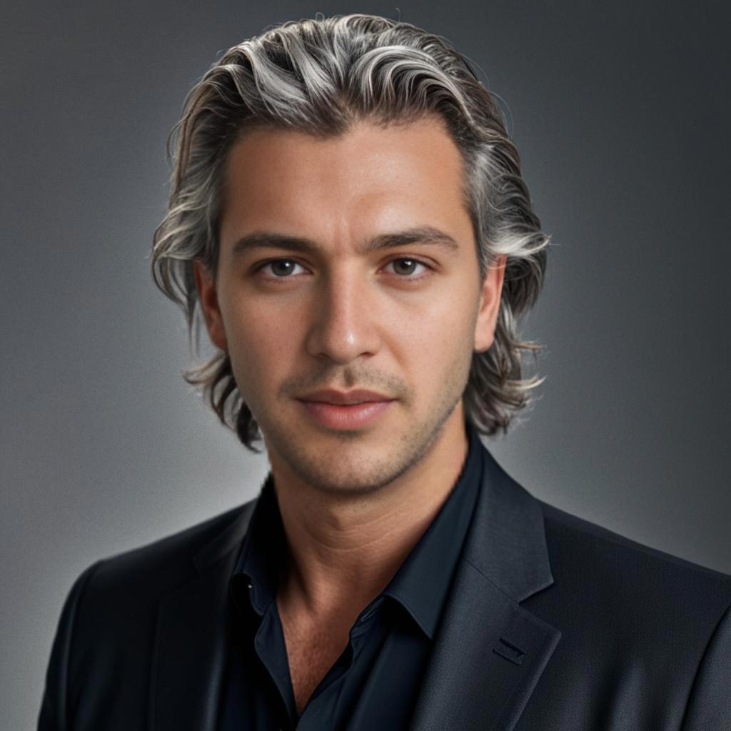 Confident Man in Stylish Grey Hair and Black Suit