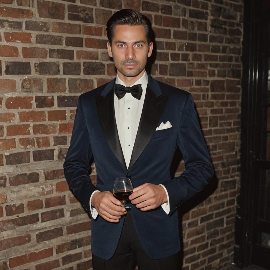 Suave Man in Black and Blue Tuxedo with Wine