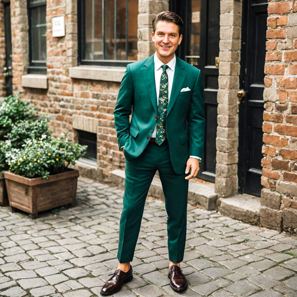 Stylish Man in Green Suit Against Brick Wall