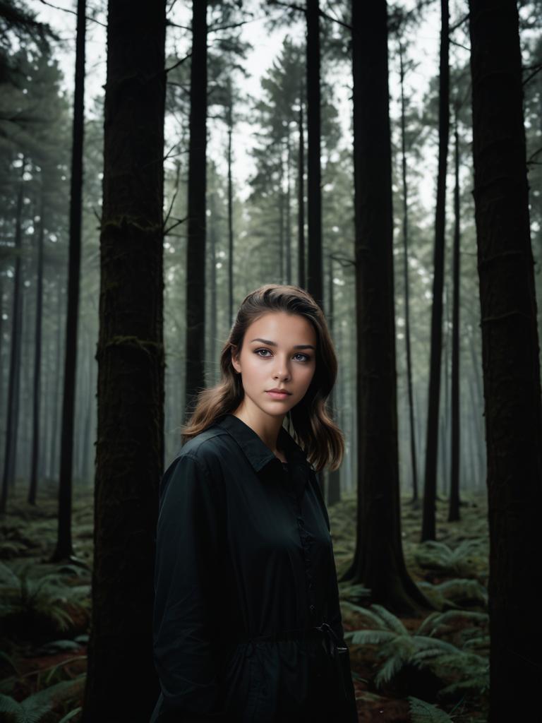 Young Woman in Misty Forest - Serene Poster Art