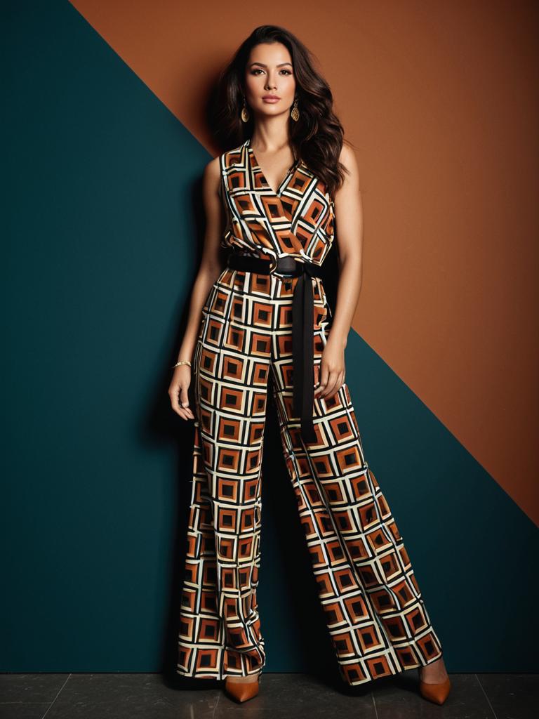 Stylish Woman Wearing Geometric Patterned Jumpsuit with Belt