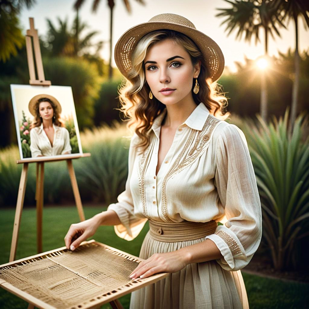 Woman Painting in Sun-Drenched Garden