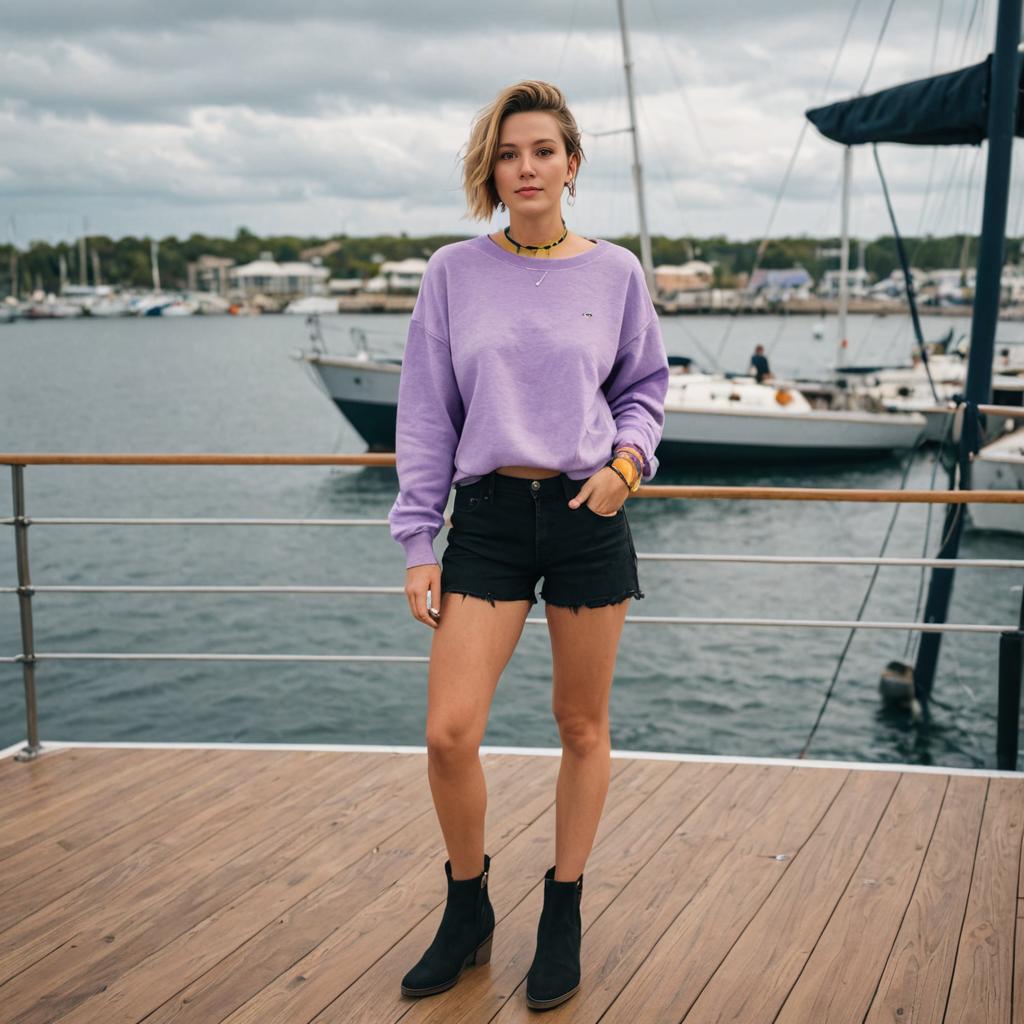 Confident Woman on Pier with Boats