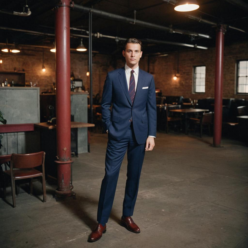 Suave Man in Tailored Blue Suit in Industrial Space