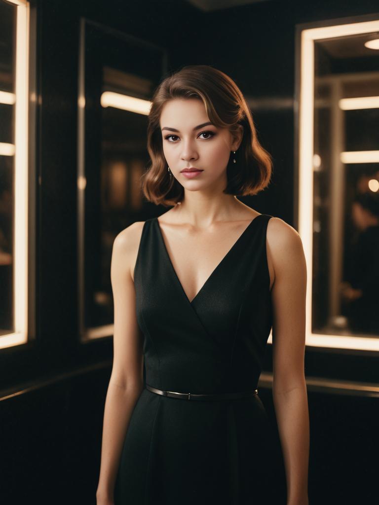 Elegant Woman in Black Dress with Glowing Mirrors