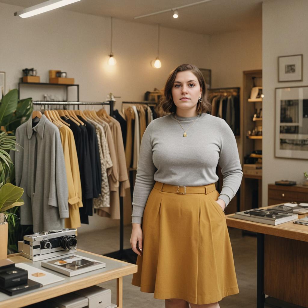 Confident Woman in Stylish Boutique with Vintage Camera