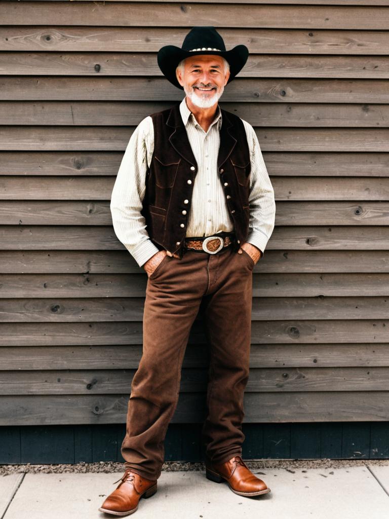 Vintage Cowboy Style Older Man Wearing Western Outfit and Hat