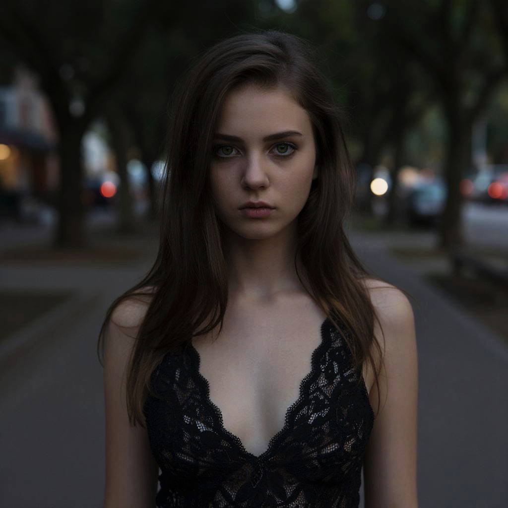 Young Woman in Black Lace Top on Dimly Lit Urban Street